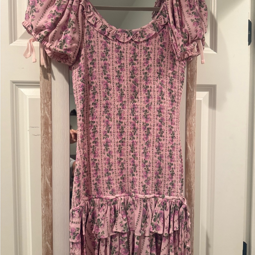 LoveShackFancy Lavender Floral Puff Sleeve Mini Dress